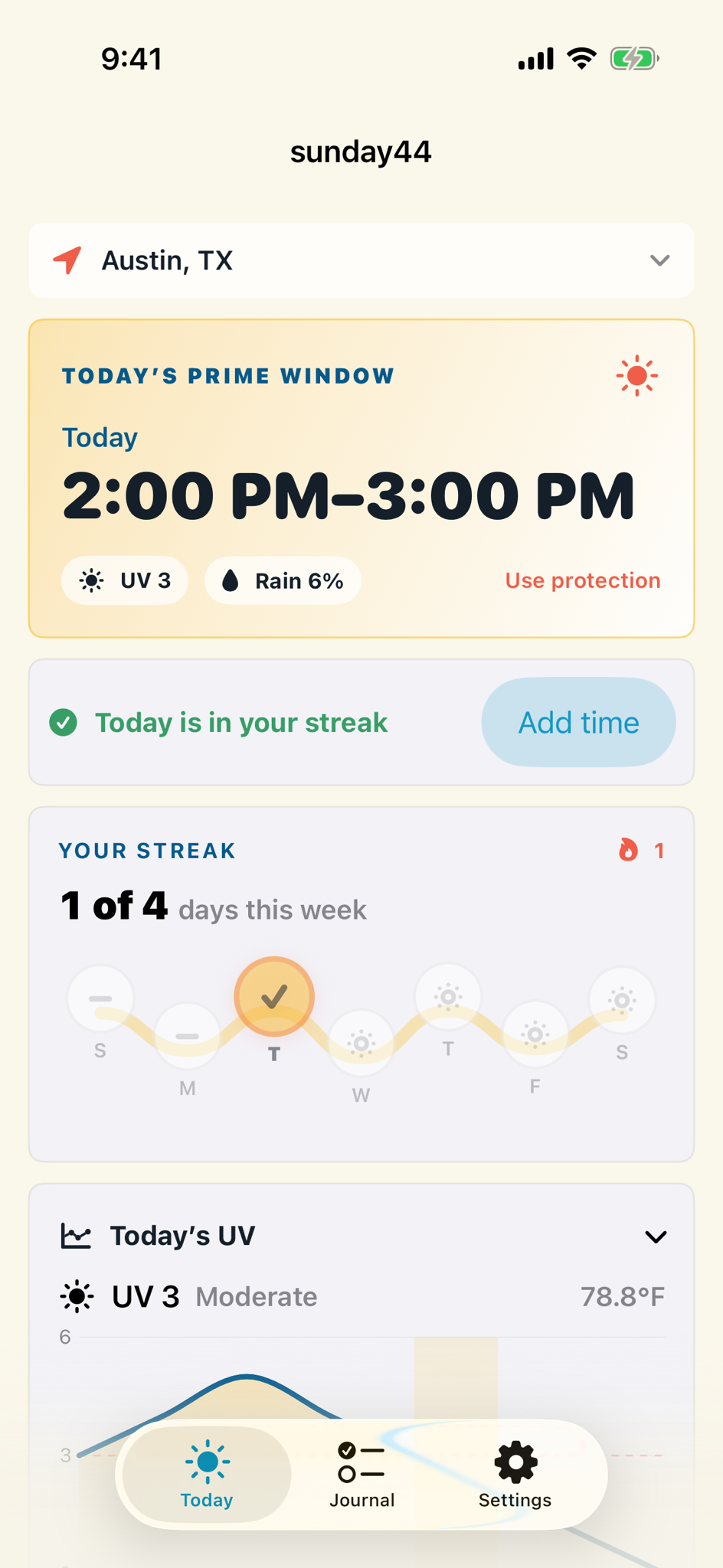 The sunday44 Today screen showing a Prime Window, one-tap sun log, weekly streak, and UV curve.